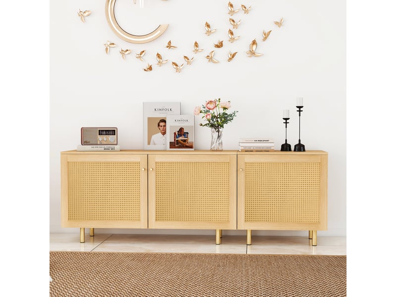  Buffet modulaire 3 portes avec étagères - lpospi - effet rotin, pieds dorés, mdf naturel 180 × 40 × 63 cm  - Conforama C