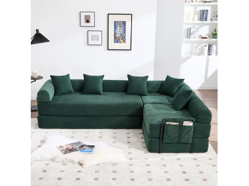 Canapé modulable 270x180x64 cm, design modulaire et poches latérales, avec stockage, velours côtelé, vert - Conforama D