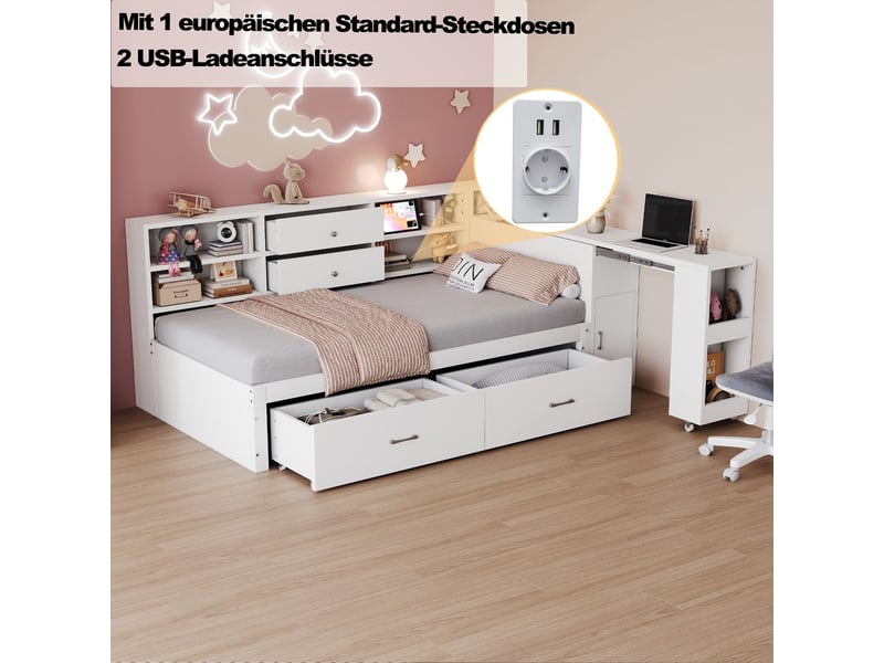  Lit combine enfant 90x200, rangement intégré lit enfant, tiroirs doubles, compartiments cachés, bureau coulissant, ports usb  - Conforama D