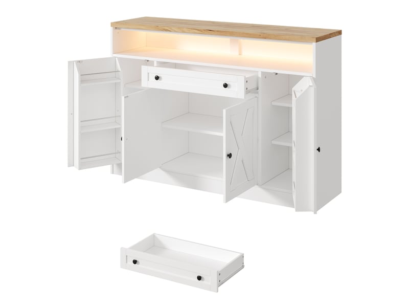  Buffet avec led rgb et  avec 4 portes et tiroir, buffet salon 140x35x95 cm en mdf blanc, meubles de rangement  - Conforama D