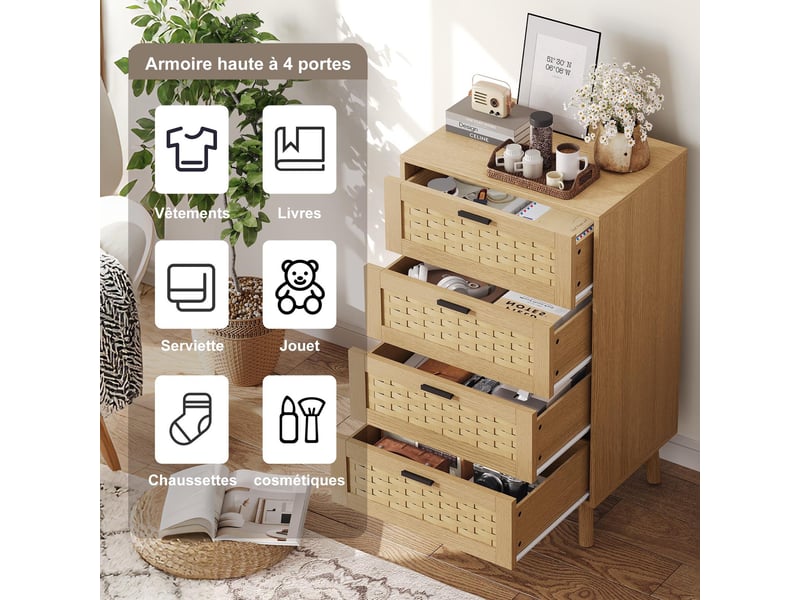  Commode 4 tiroirs effet rotin pvc - 55x40x95cm - meuble de rangement en chêne - pieds bois - naturel  - Conforama D
