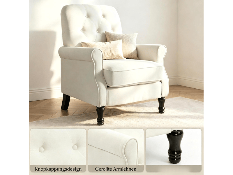  Fauteuil de salon capitonné avec coussin à ressorts ensachés et pieds en bois, en tissu aspect lin crème  - Conforama D