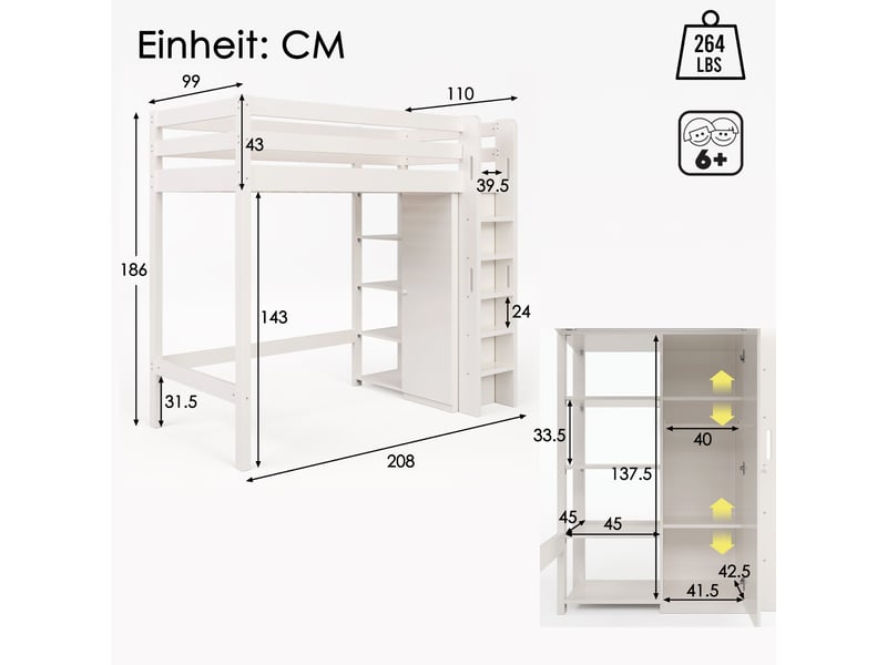  Lit mezzanine enfant 90x200 avec armoire et 6 étagères, blanc, bois massif, certifié en 747  - Conforama C