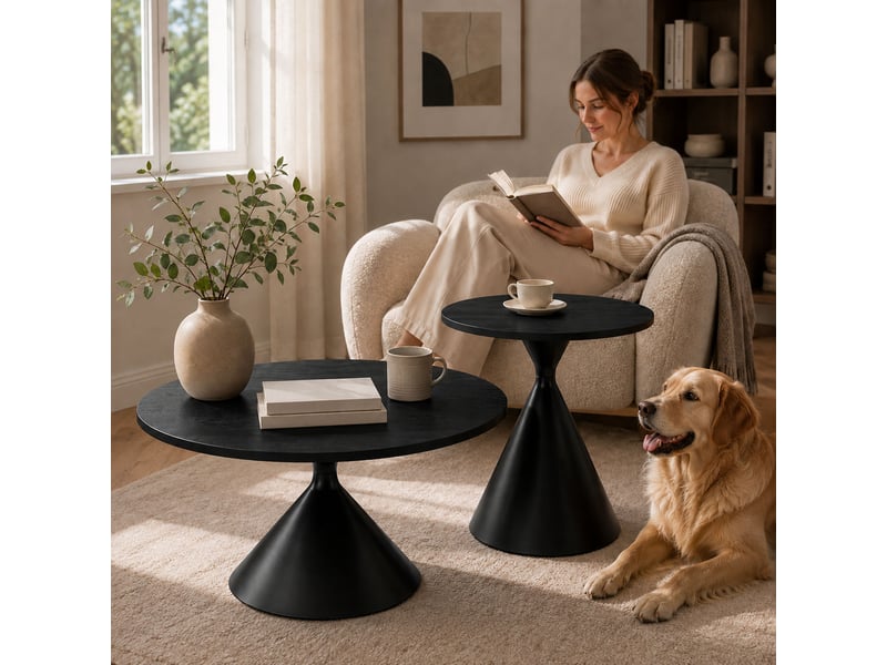  Lot de 2 tables basses gigognes rondes noir et design conique en métal solide  - Conforama C