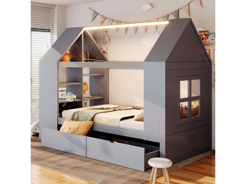  Lit cabane enfant 90x200 cm avec 2 tiroirs, rangements latéraux, coffre rabattable, fenêtre décorative et éclairage led, bois massif et mdf, gris OMNIGLINT TRADING LTD - Conforama B