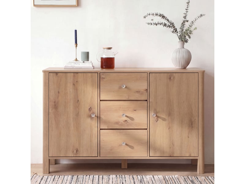  Buffet avec 3 tiroirs et 2 portes de rangement en panneaux de particules 120×40×80 cm chêne  - Conforama C