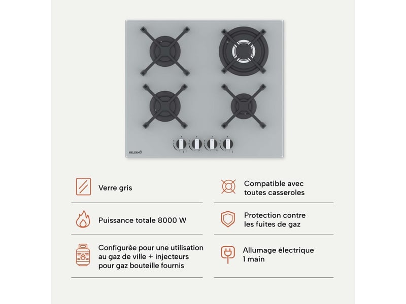  Beldeko plaque de cuisson gaz 4 feux 8000 w - verre gris - brûleur double couronne - grilles en fonte- marque française  - Conforama D