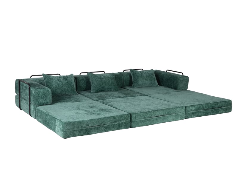 Canapé droit compressible convertible en lit, structure fixe, modulable sans armature, sans montage, tissu chenille, pour salon et chambre, vert foncé - Conforama A