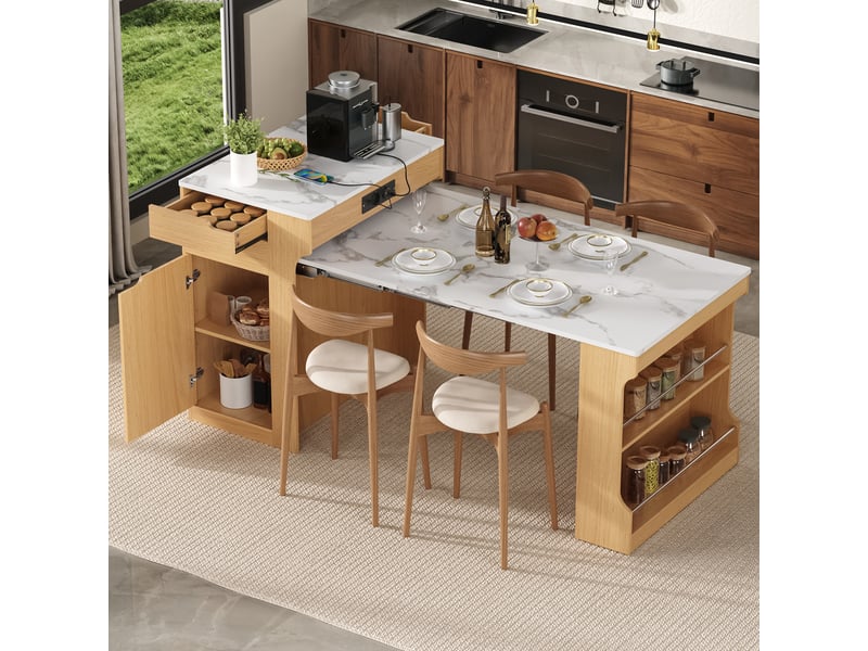 Desserte de cuisine extensible avec 2 tiroirs et roulettes 55 à 153×80×93 cm en mdf naturel - Conforama B