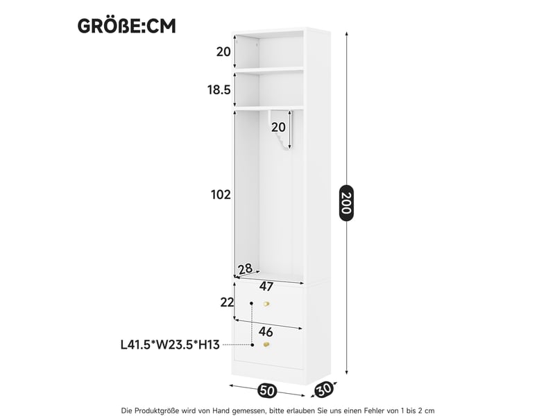  Armoire avec 2 tiroirs, 2 étagères et penderie, en mdf et acier, blanche, pour chambre, 50 × 30 × 200 cm  - Conforama D