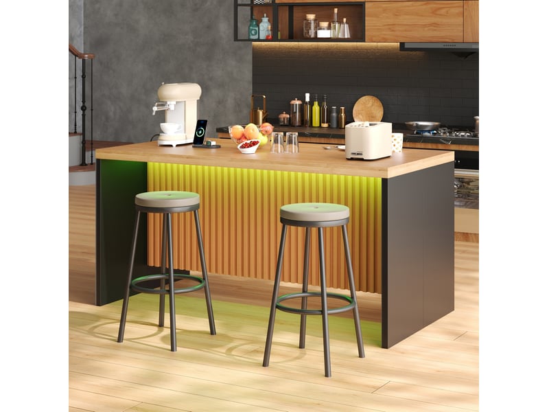 Îlot de cuisine avec led, prises et ports usb, plan épais, pour cuisine ouverte, noir naturel, 155 × 80 × 90 cm - Conforama B