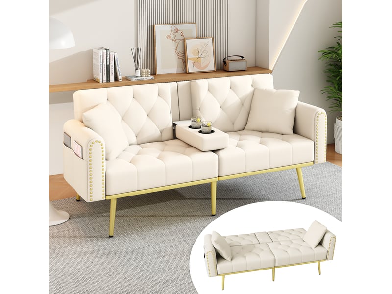  Canapé-lit 2 places 175x80x73,5cm 3 positions porte-gobelet escamotable poche latérale pieds dorés velours beige  - Conforama E