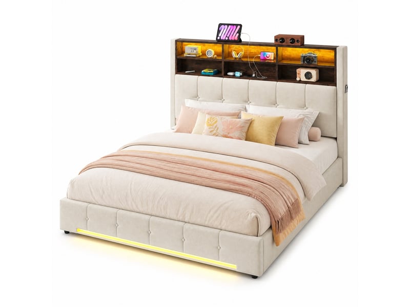  Lit coffre double 160×200 cm avec 6 étagères, usb-c et led réglable - okmyhome- velours beige, sans matelas  - Conforama A