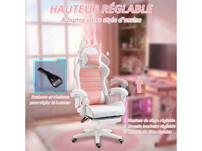  Chaise de gaming avec support lombaire, hauteur réglable, dossier inclinable, rose, oreilles de lapin et appui-tête  - Conforama E