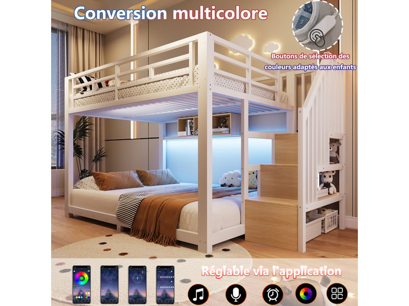  Lit superposé enfant 140x200cm en métal avec led et escalier rangement,lit mezzanine avec barrières,garde-corps,marches,sans matelas,blanc  - Conforama D