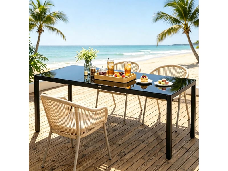  Table à manger extérieure 8 personnes avec plateau en verre trempé et pieds réglables, en aluminium noir 180 × 80 × 72 cm  - Conforama D