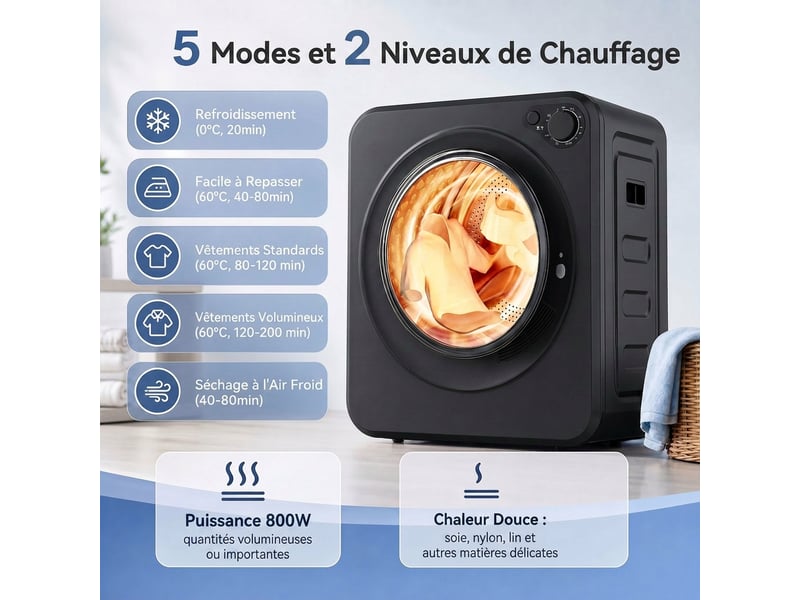 Sèche linge à évacuation compact 2,5kg, sèche-linge électrique 400800 w, charge frontale, 5 modes de séchage, noir - Conforama A