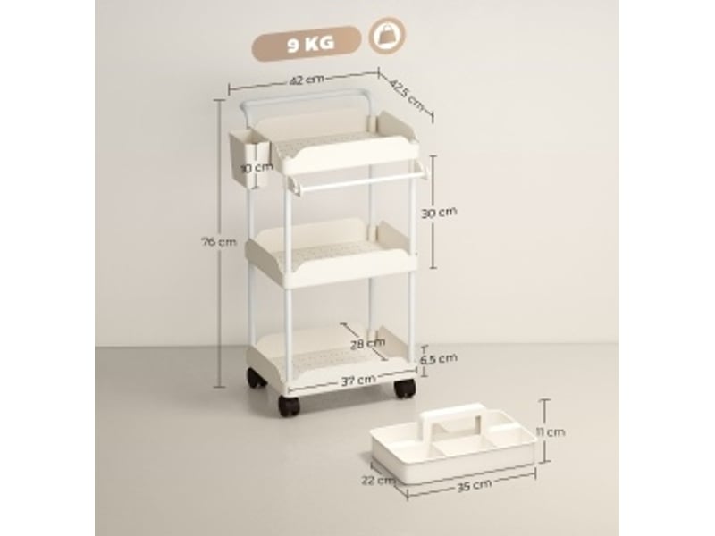  Desserte de rangement 42x42,5x76 cm 3 paniers porte-serviettes roulettes métal blanc  - Conforama E