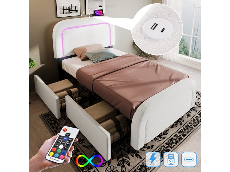 Lit enfant 90x200 cm – blanc – usb-c, led, 2 tiroirs, tête de lit réglable, sommier en bois, avec matelas h3 - Conforama E