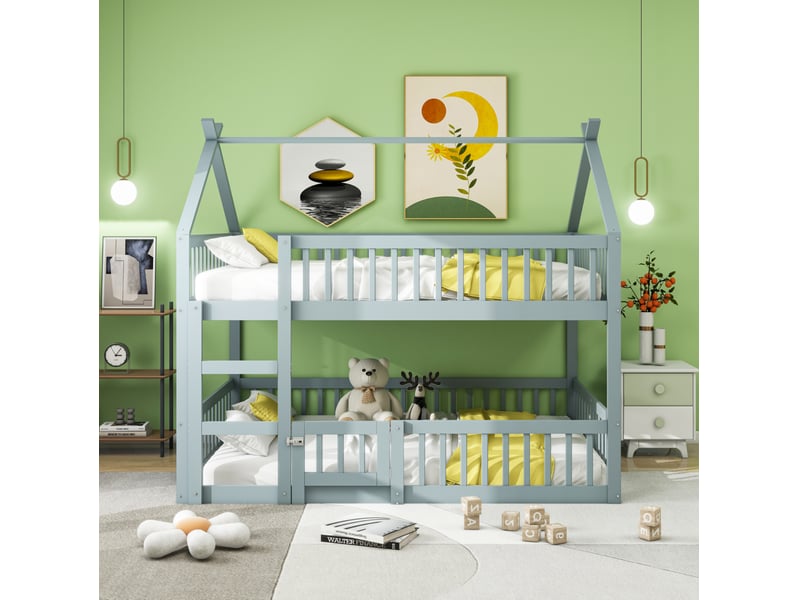  Lit superposé enfant 140x200 cm avec escalier et garde-corps bois gris sans matelas  - Conforama D