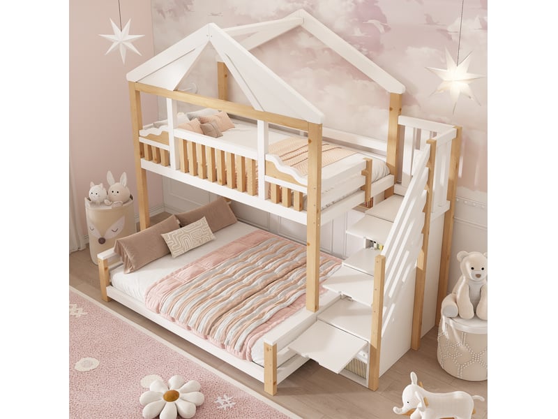Lit superposé cabane 90x200+140x200 cm, escalier rangement, sommier bois mdf contreplaqué, blanc et bois naturel sans matelas - Conforama B