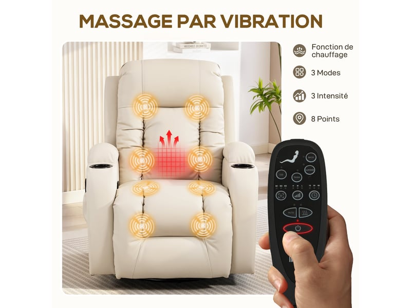  Fauteuil de relaxation massant et chauffant pivotant crème 82x99x103 cm  - Conforama D