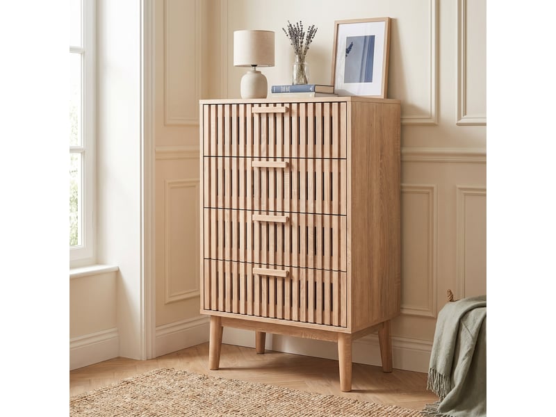  Commode 4 tiroirs 60 cm, commode chambre, design à lattes verticales, meuble de rangement, pour saloncuisinesalle à manger, chêne clair  - Conforama B