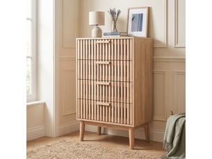 Commode 4 tiroirs 60 cm, commode chambre, design à lattes verticales, meuble de rangement, pour saloncuisinesalle à manger, chêne clair