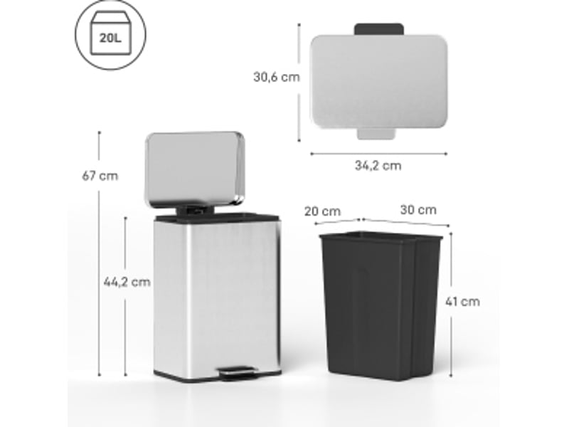  Poubelle 20 l avec pédale, couvercle à fermeture douce, seau intérieur amovible, couleur argent  - Conforama C