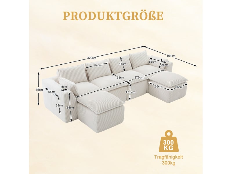  Canapé modulable modenvie 4 places avec 2 poufs, coussins, porte-gobelets et poches latérales en velours côtelé beige  - Conforama C