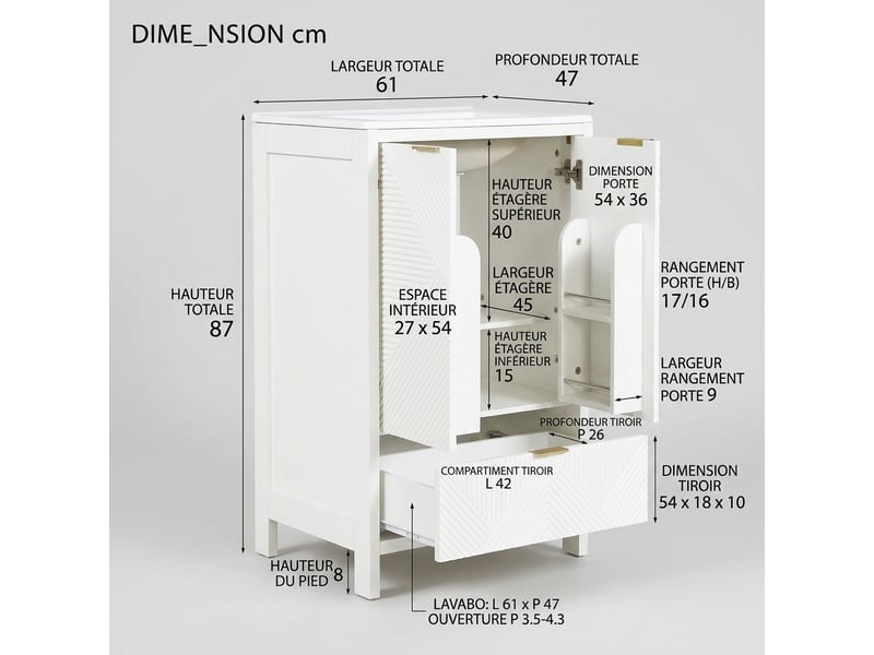 Meuble salle de bain sur pied 61 cm blanc avec vasque en céramique et tiroir, façade ondulée  - Conforama C