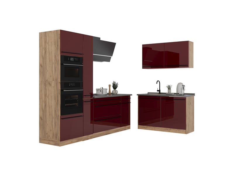 Vicco cuisine en angle, rouge brillantchêne doré, 230 x 120 cm plan de travail chêne doré  - Conforama E