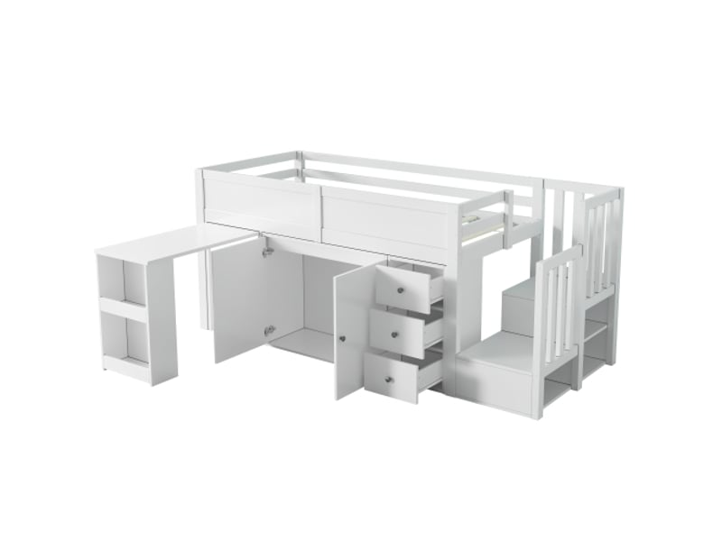  Lit enfant 90x200 cm, avec armoires et tiroirs et bureau extensible, avec lattes, en bois, blanc, sans matelas  - Conforama A