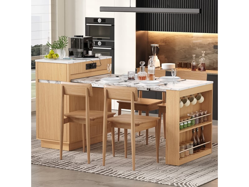  Ilot central de cuisine - 80,5x58x94cm - desserte extensible avec table, prises, led et roulettes - bois naturel  - Conforama D