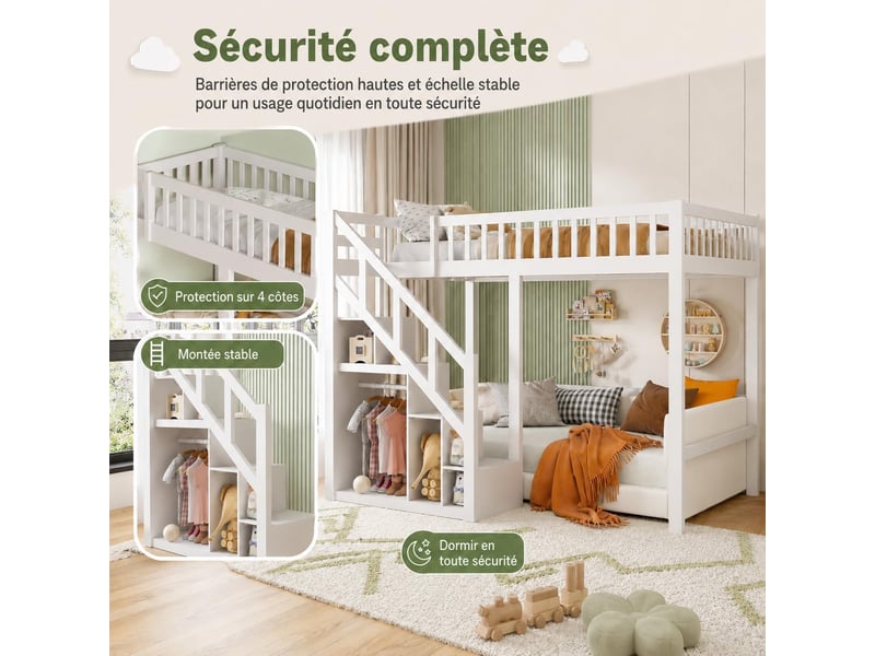  Lit mezzanine 140x200 cm, lit superposé enfant avec escaliers de rangement et barrière de sécurité, sommier à lattes  - Conforama E