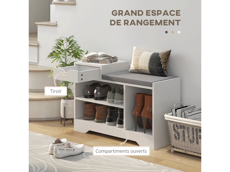 Meuble et banc à chaussures 1 tiroir et 3 compartiments, 76,5l x 30d x 52h cm, capacité 5 paires mdf - Conforama A