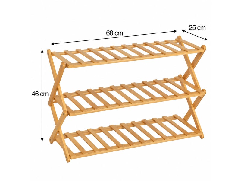  Étagère à chaussures pliable 3 niveaux en bambou naturel, capacité 9 paires - longueur 68 x profondeur 25 x hauteur 46 cm  - Conforama C