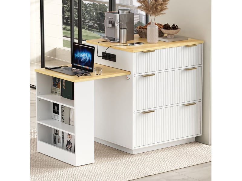  Îlot de cuisine blanc extensible 127,5-205 cm avec led, prises et rangements  - Conforama E