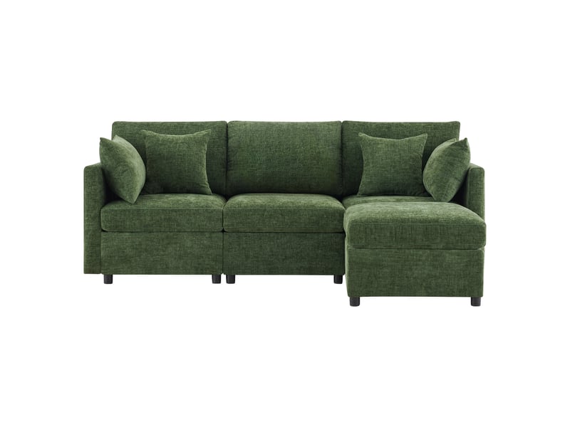 Canapé d’angle en l modulable vert, convertible 3 places, avec pouf mobile et 4 coussins en chenille - Conforama A