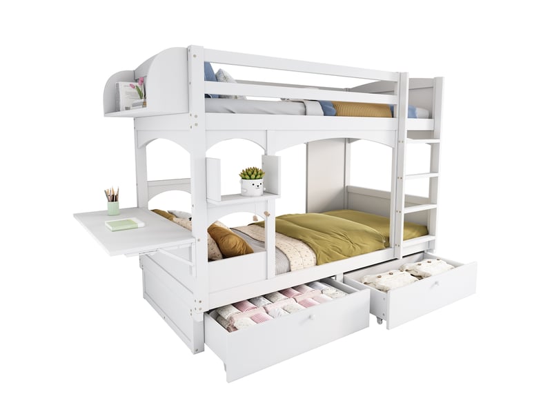  Lit superposé enfant multifonction 90x200 cm bois massif blanc avec bureau rabattable et tiroirs  - Conforama A