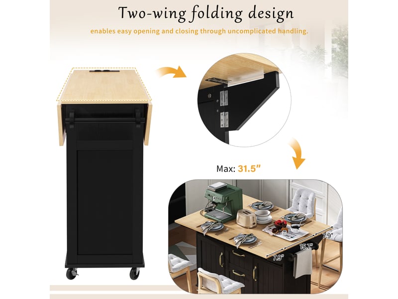  Îlot de cuisine mobile avec plateau rabattable, tiroirs, 2 portes, prises et ports usb, noir et bois naturel  - Conforama E