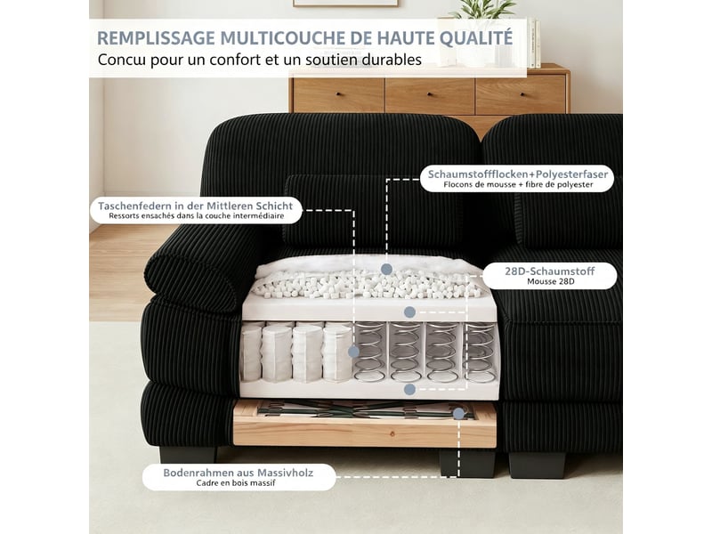  Canapé d’angle 4 places en u, avec 2 poufs, structure avec armature, assise spacieuse et profonde, velours côtelé doux, 336 × 161 × 94 cm, noir  - Conforama E