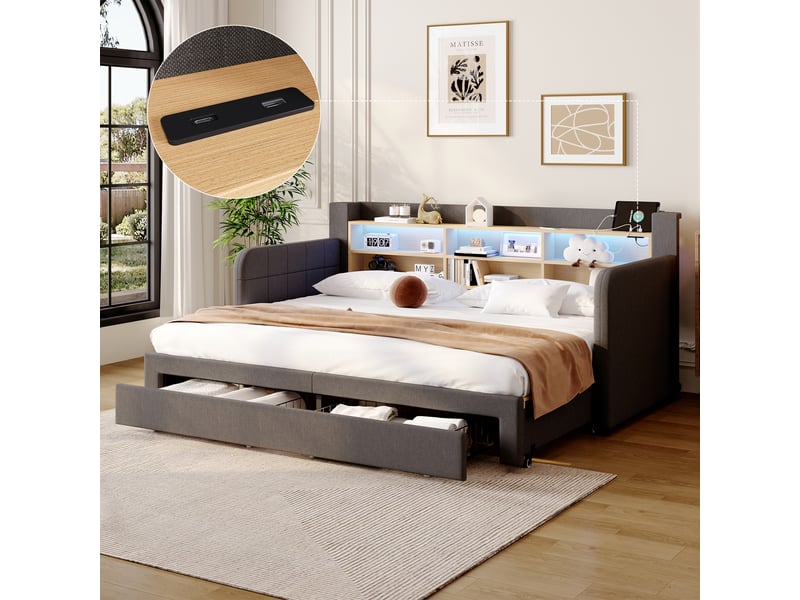 Canapé-lit convertible 2 en 1 90x200 cm avec led, tiroirs et rangement ouvert, velours gris, sans matelas - Conforama R