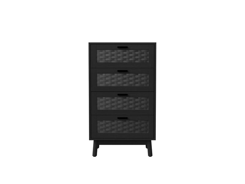  Commode 4 tiroirs effet rotin pvc - 55x40x95cm - meuble de rangement en bois - pieds bois - noir  - Conforama A