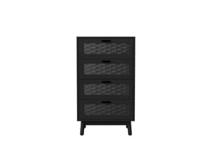 Commode 4 tiroirs effet rotin pvc - 55x40x95cm - meuble de rangement en bois - pieds bois - noir