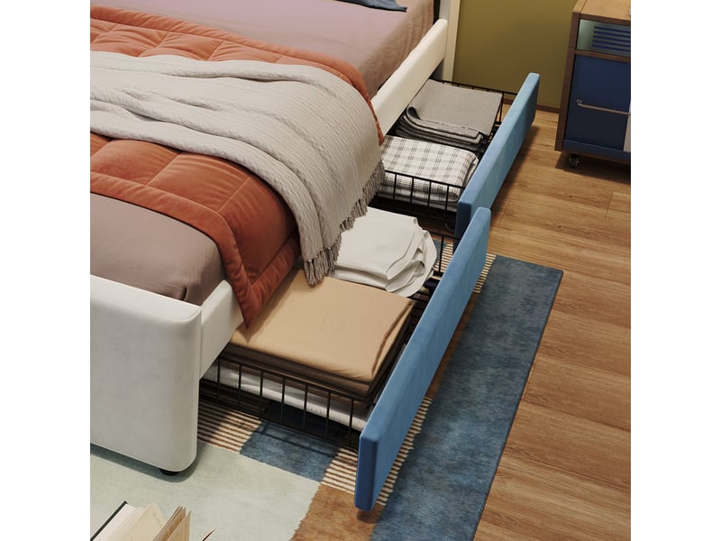 Lit enfant rembourré 140 x 200 cm blanc et bleu en velours, quatre tiroirs, tête de lit led, prises et poches latérales - Conforama E