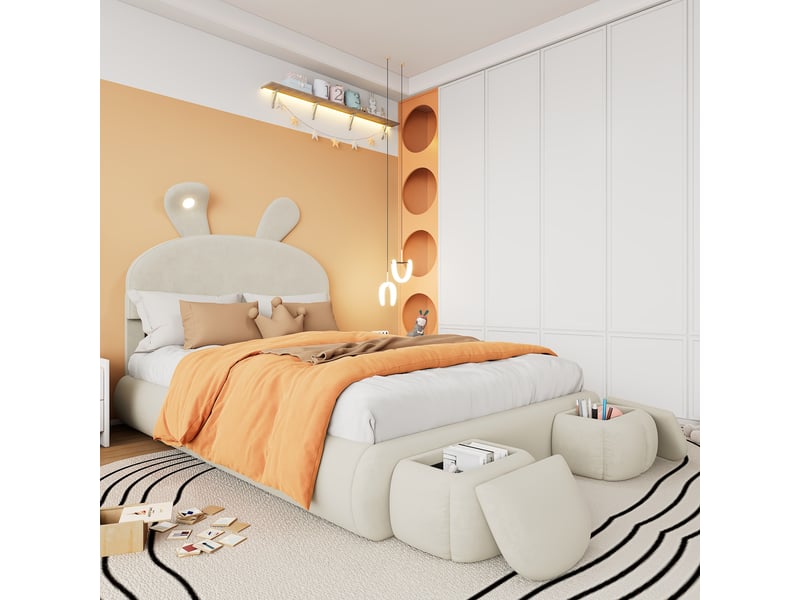  Lit double coffre 140x200 cm à vérins velours beige oreilles de lapin led veilleuse et 2 poufs  - Conforama D