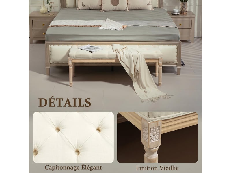  Banc bout de lit capitonné tissu aspect lin et bois d'hévéa crème 115 x 40 x 43 cm  - Conforama D