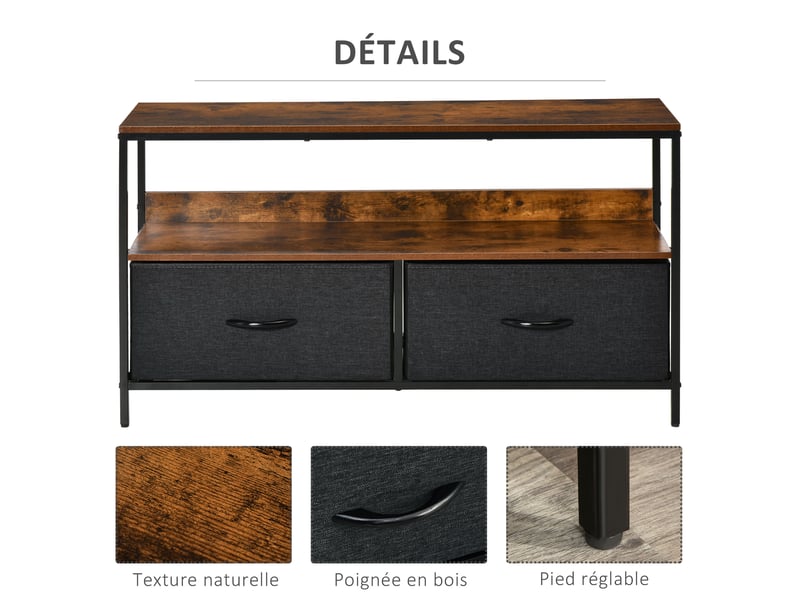  Meuble tv bas sur pieds style industriel 2 tiroirs en tissu gris mdf marron rustique et noir métal  - Conforama R