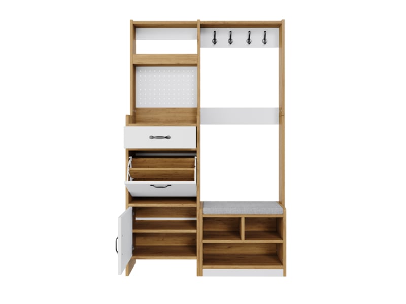 Armoire d'entrée moderne avec banc et rangement – crochets, tiroir, espace ouvert | chêneblanc 108,5×35×180 cm - Conforama A